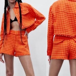 Zara Orange Houndstooth Blazer & Shorts Suit Set